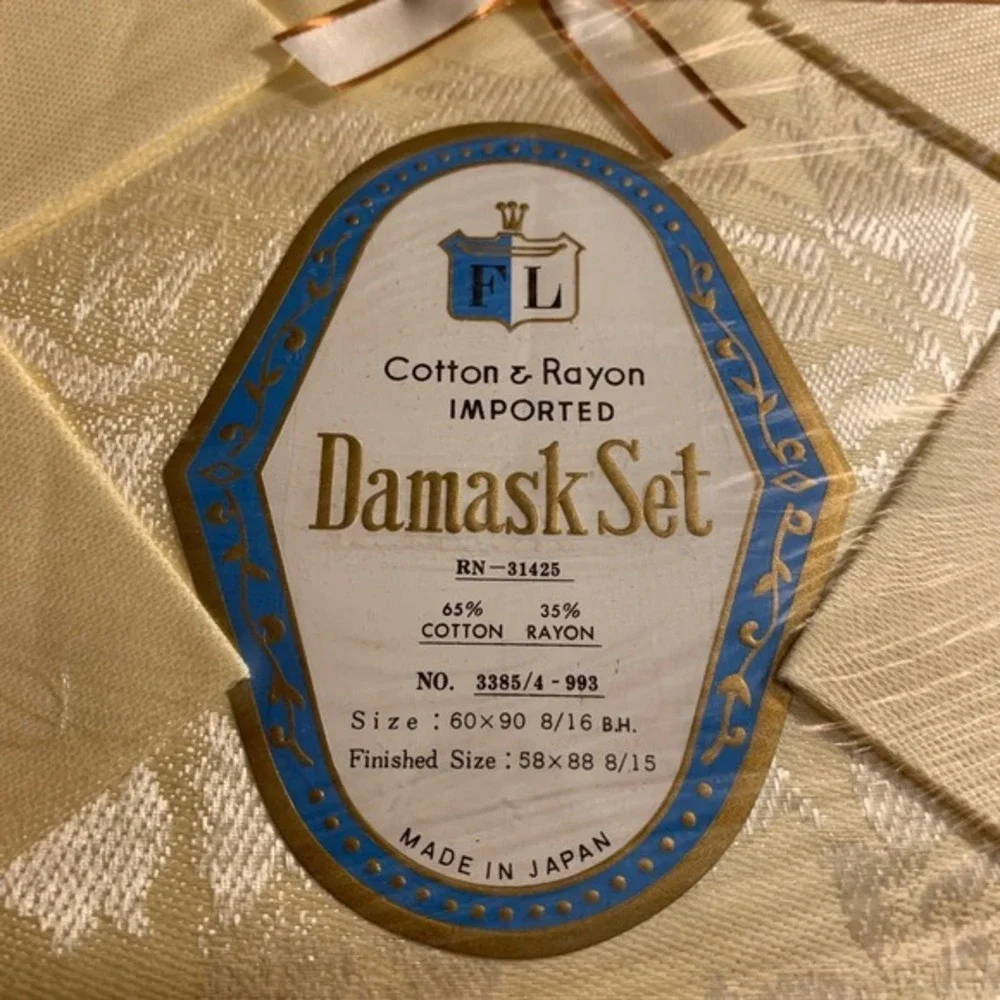 Imported Damask Set Cotton Rayon 60x90 8/16 B H Yellow VTG Tablecloth Napkins